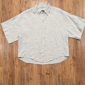 Boxy Button‎ Up Tee Women's Small Natural Linen Oatmeal Polo Flowy Karen Kane